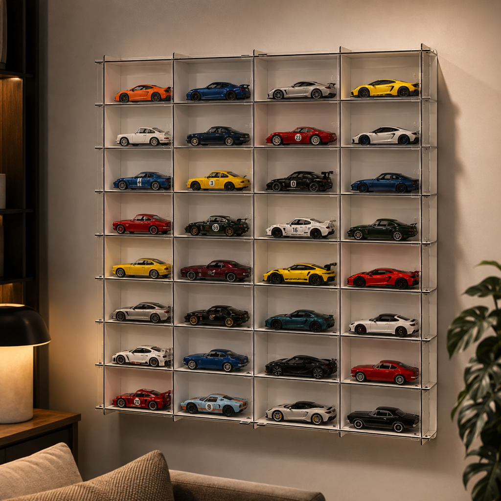 1:43 Scale Model Car Display Case with Acrylic Cover, 32 Slot Wall Mounted Diecast Car Showcase, Dustproof Collector Display Shelf