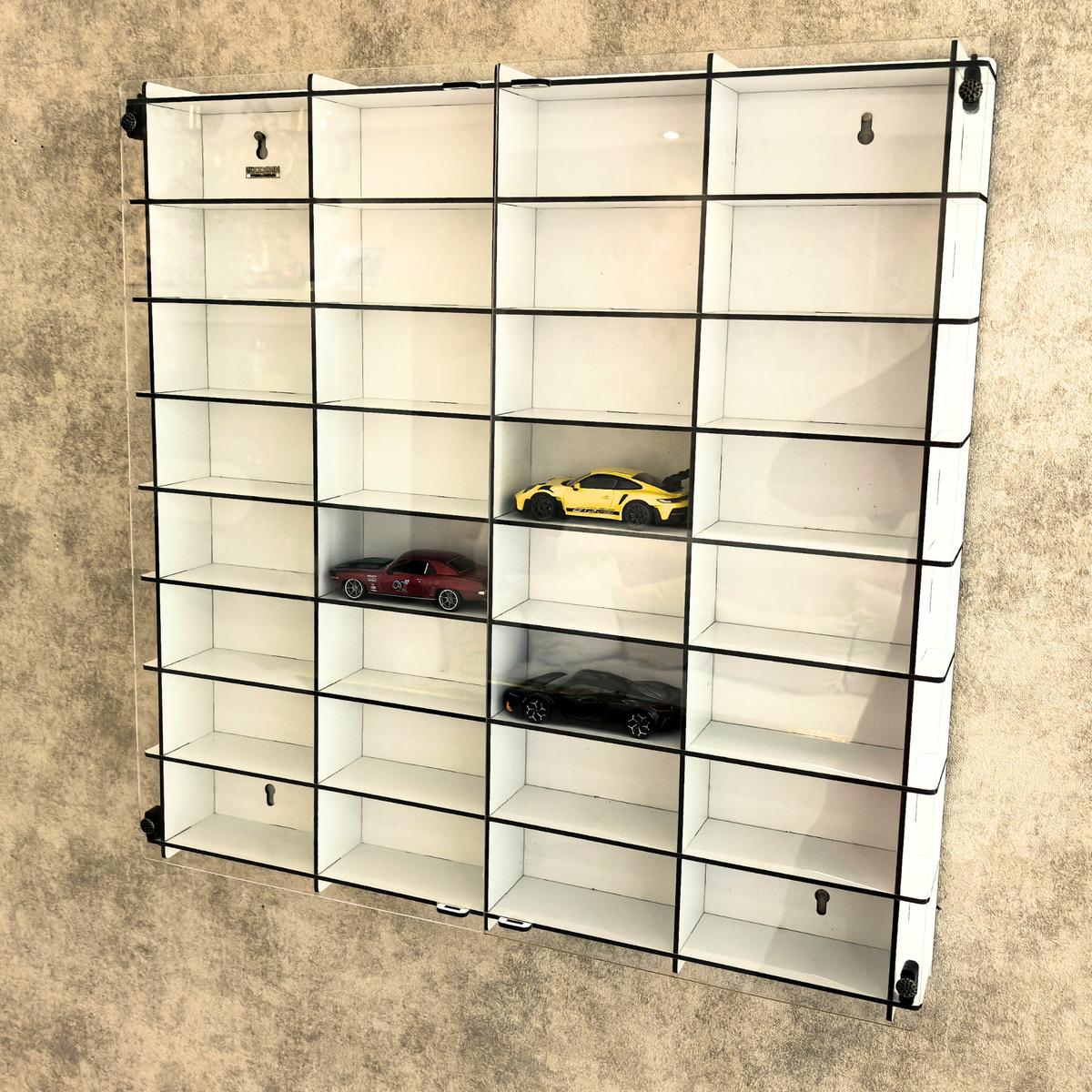 1:43 Scale Model Car Display Case with Acrylic Cover, 32 Slot Wall Mounted Diecast Car Showcase, Dustproof Collector Display Shelf