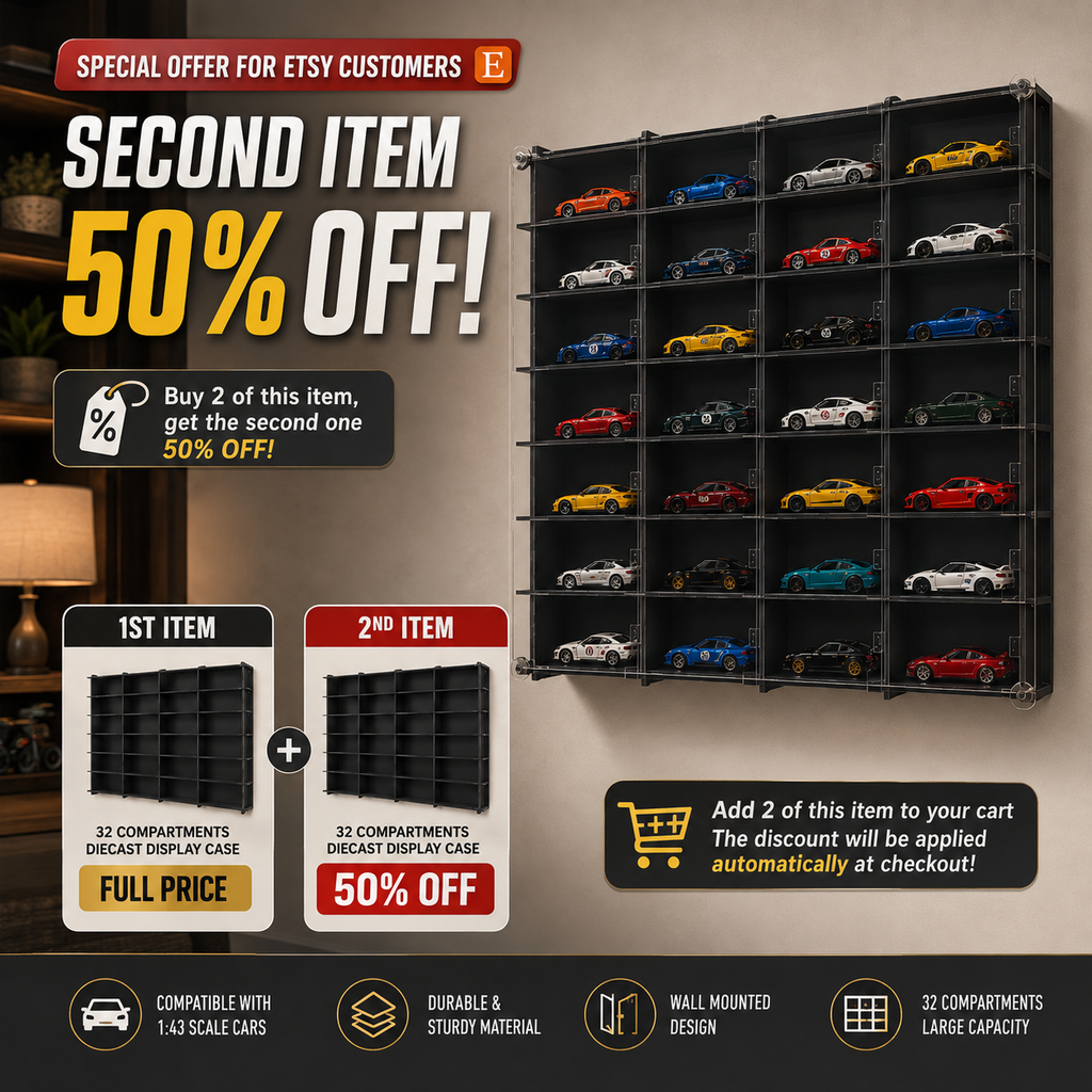 1:43 Scale Model Car Display Case with Acrylic Cover, 32 Slot Wall Mounted Diecast Car Showcase, Dustproof Collector Display Shelf