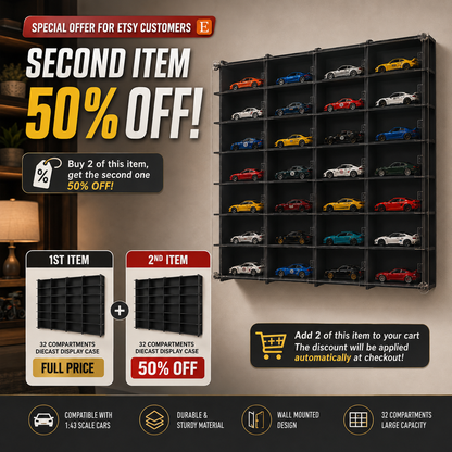 1:43 Scale Model Car Display Case with Acrylic Cover, 32 Slot Wall Mounted Diecast Car Showcase, Dustproof Collector Display Shelf