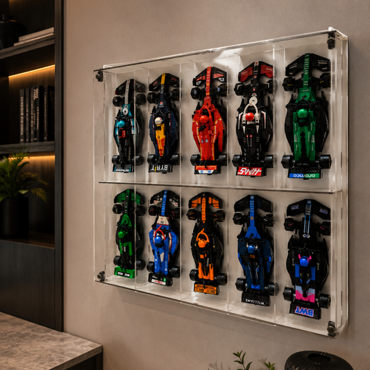 Formula 1 Wall Display Case, Building Block Race Car Display Shelf, 10 Car Showcase with Acrylic Door, F1 Collector Wall Decor