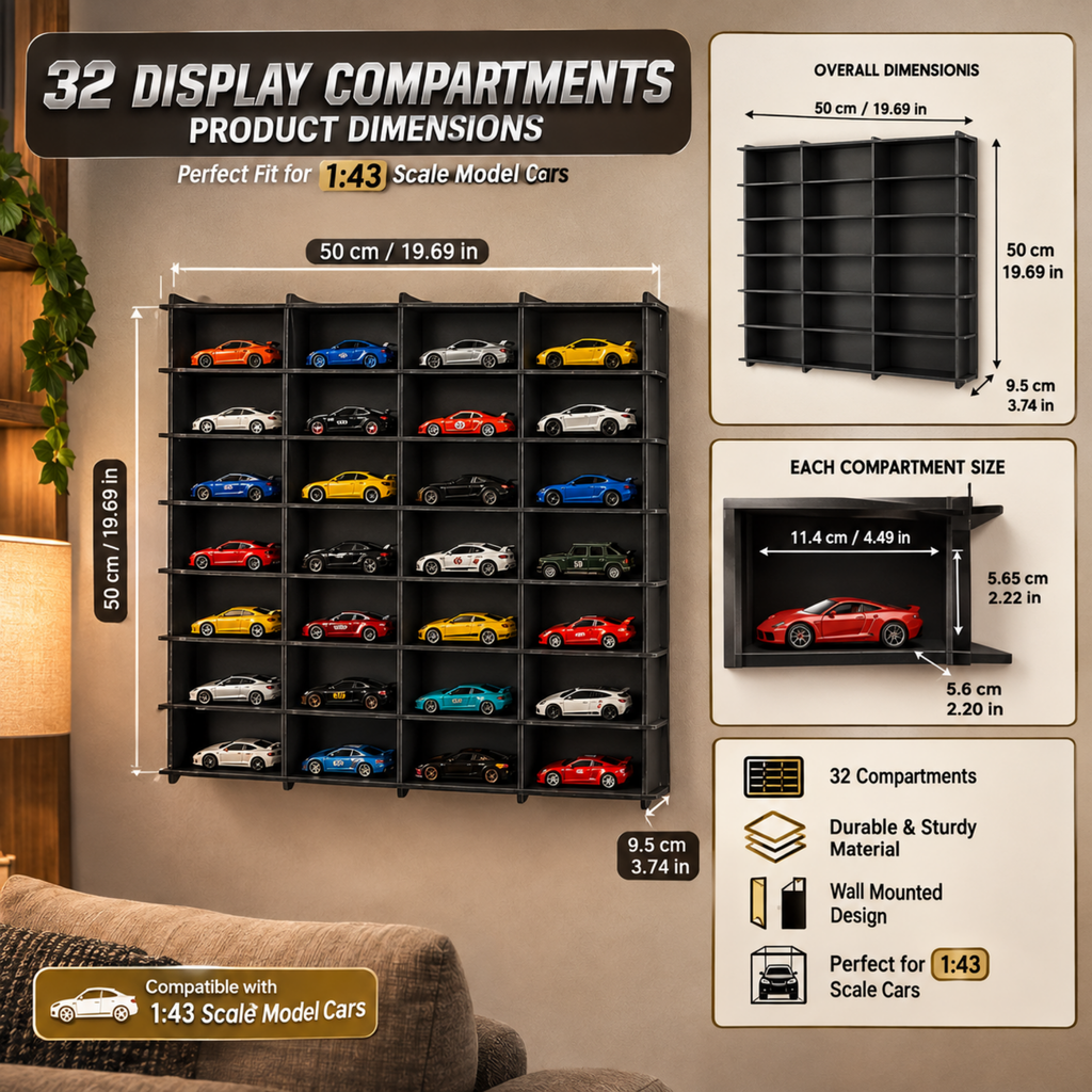 1:43 Scale Model Car Display Case with Acrylic Cover, 32 Slot Wall Mounted Diecast Car Showcase, Dustproof Collector Display Shelf