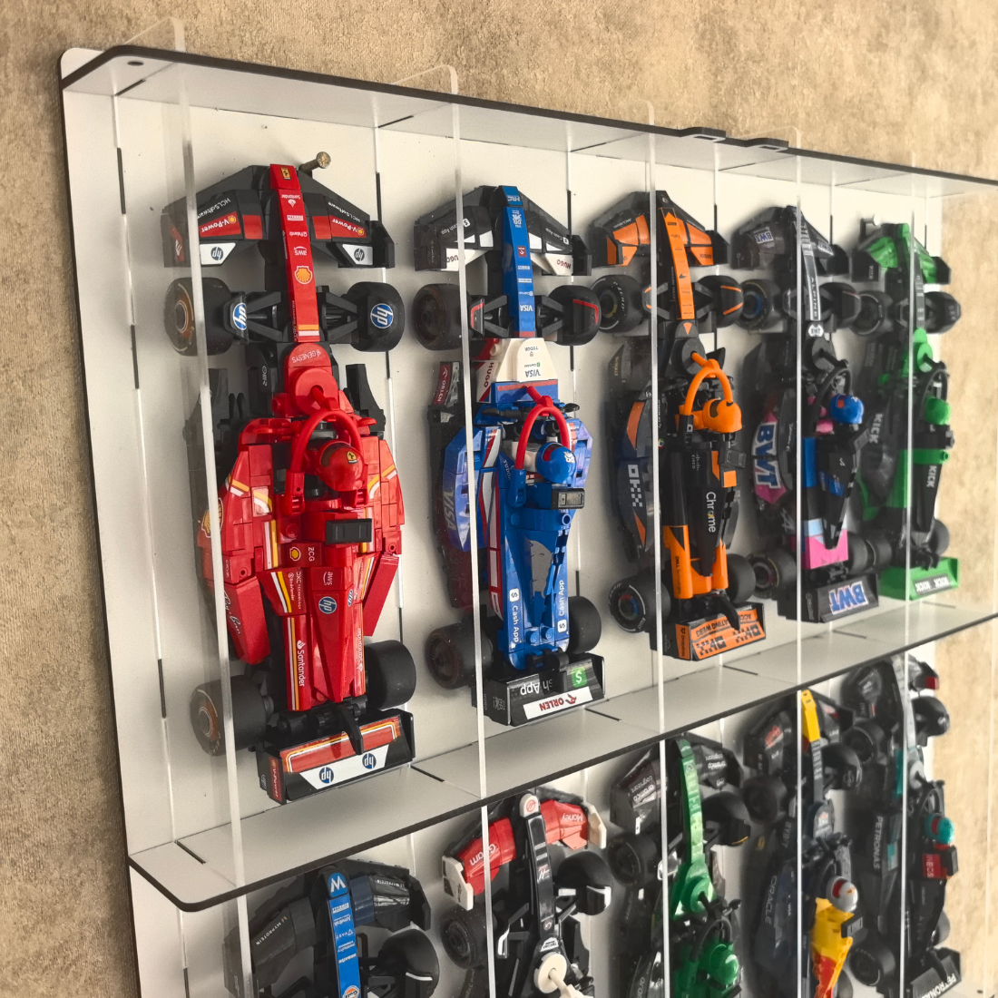 Formula 1 Wall Display Case, Building Block Race Car Display Shelf, 10 Car Showcase with Acrylic Door, F1 Collector Wall Decor