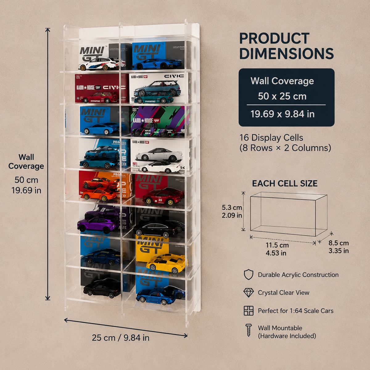 1:64 Diecast Model Car Display Case | Compatible with Mini GT, Kaido House & Pop Race | 18-Car Acrylic Display Showcase