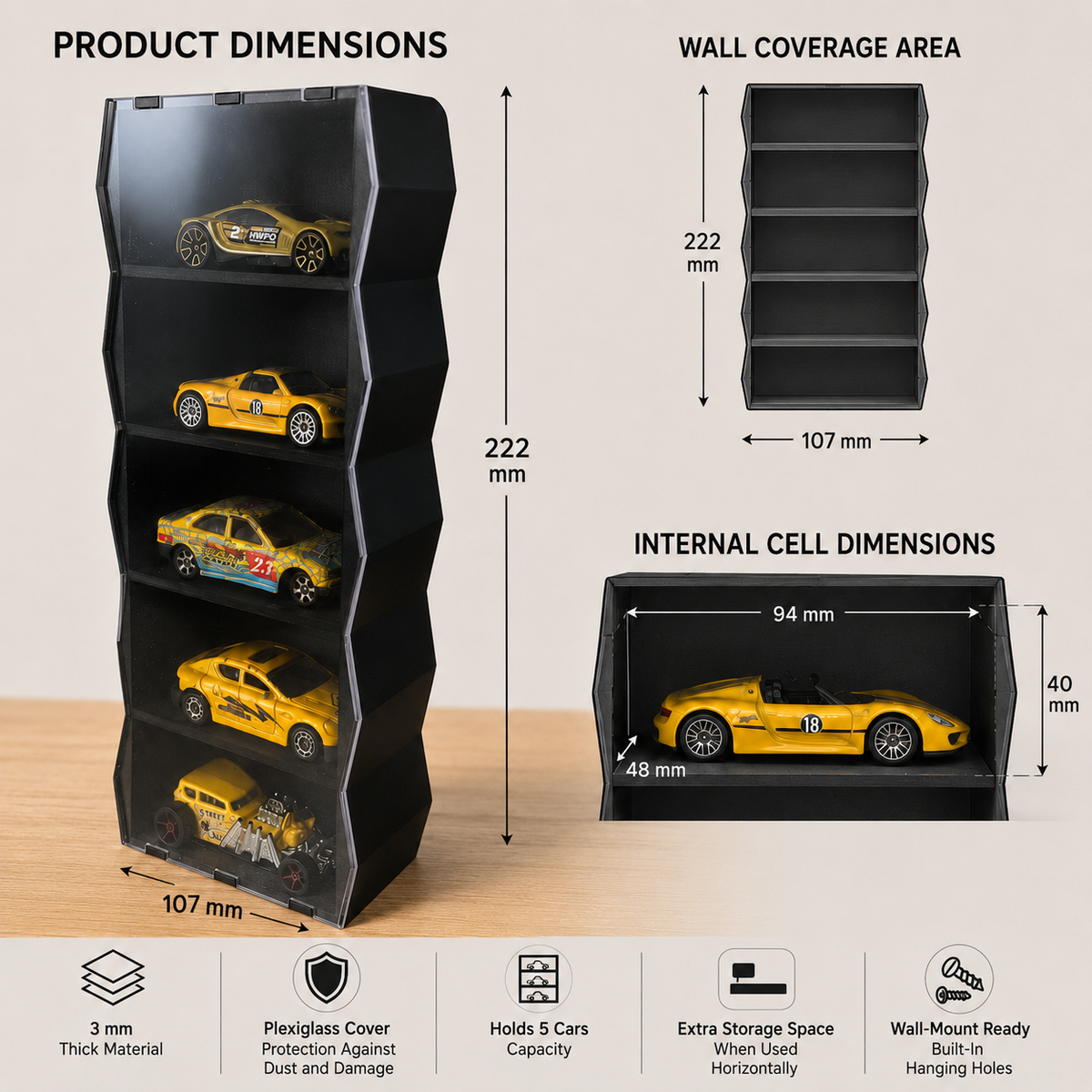 1:64 Car Display Case, Acrylic Covered Diecast Display Shelf, Mini Car Organizer, 5 Slot Wall Mounted and Desktop Showcase