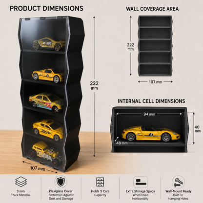 1:64 Car Display Case, Acrylic Covered Diecast Display Shelf, Mini Car Organizer, 5 Slot Wall Mounted and Desktop Showcase