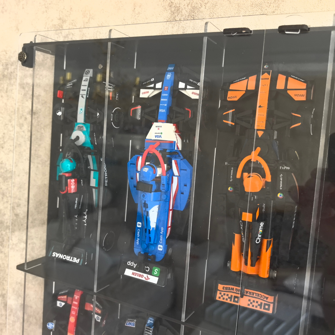 Formula 1 Wall Display Case, Building Block Race Car Display Shelf, 10 Car Showcase with Acrylic Door, F1 Collector Wall Decor