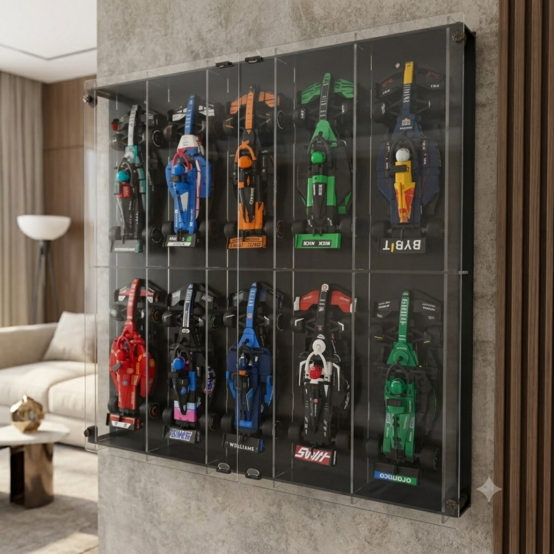 Formula 1 Wall Display Case, Building Block Race Car Display Shelf, 10 Car Showcase with Acrylic Door, F1 Collector Wall Decor