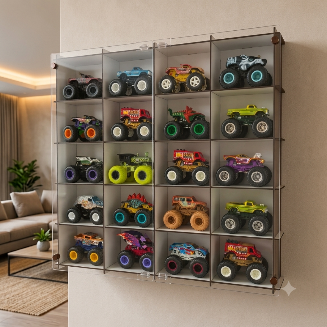 Monster Truck Display Case, Monster Truck Display Shelf, Acrylic Door 20 Car Wall Mounted Wooden Display Cabinet