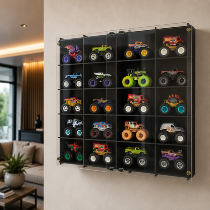 Monster Truck Display Case, Monster Truck Display Shelf, Acrylic Door 20 Car Wall Mounted Wooden Display Cabinet