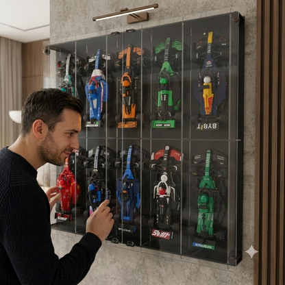 Formula 1 Wall Display Case, Building Block Race Car Display Shelf, 10 Car Showcase with Acrylic Door, F1 Collector Wall Decor