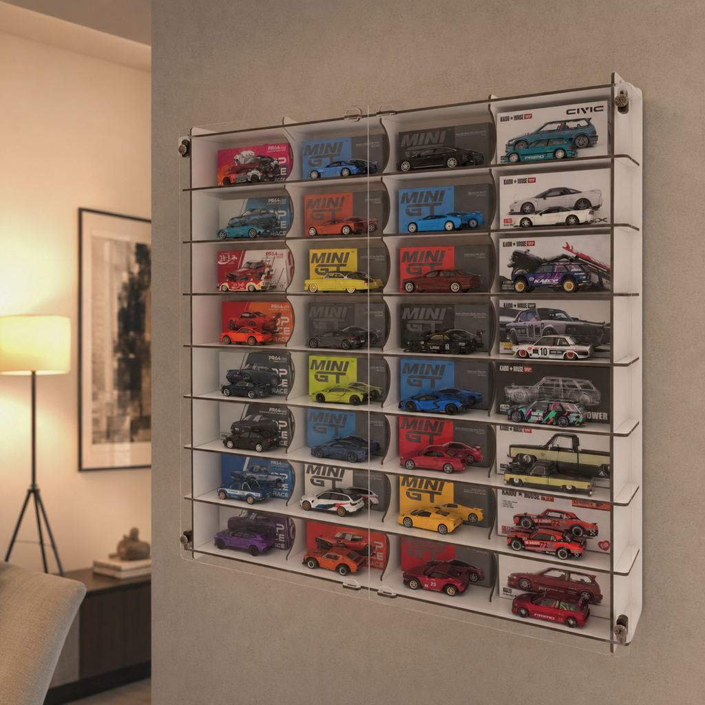 MiniGT Kaido House Pop Race Compatible Car Display Shelf, Acrylic Display Case, 32 Slot Wall Mounted Dustproof Showcase