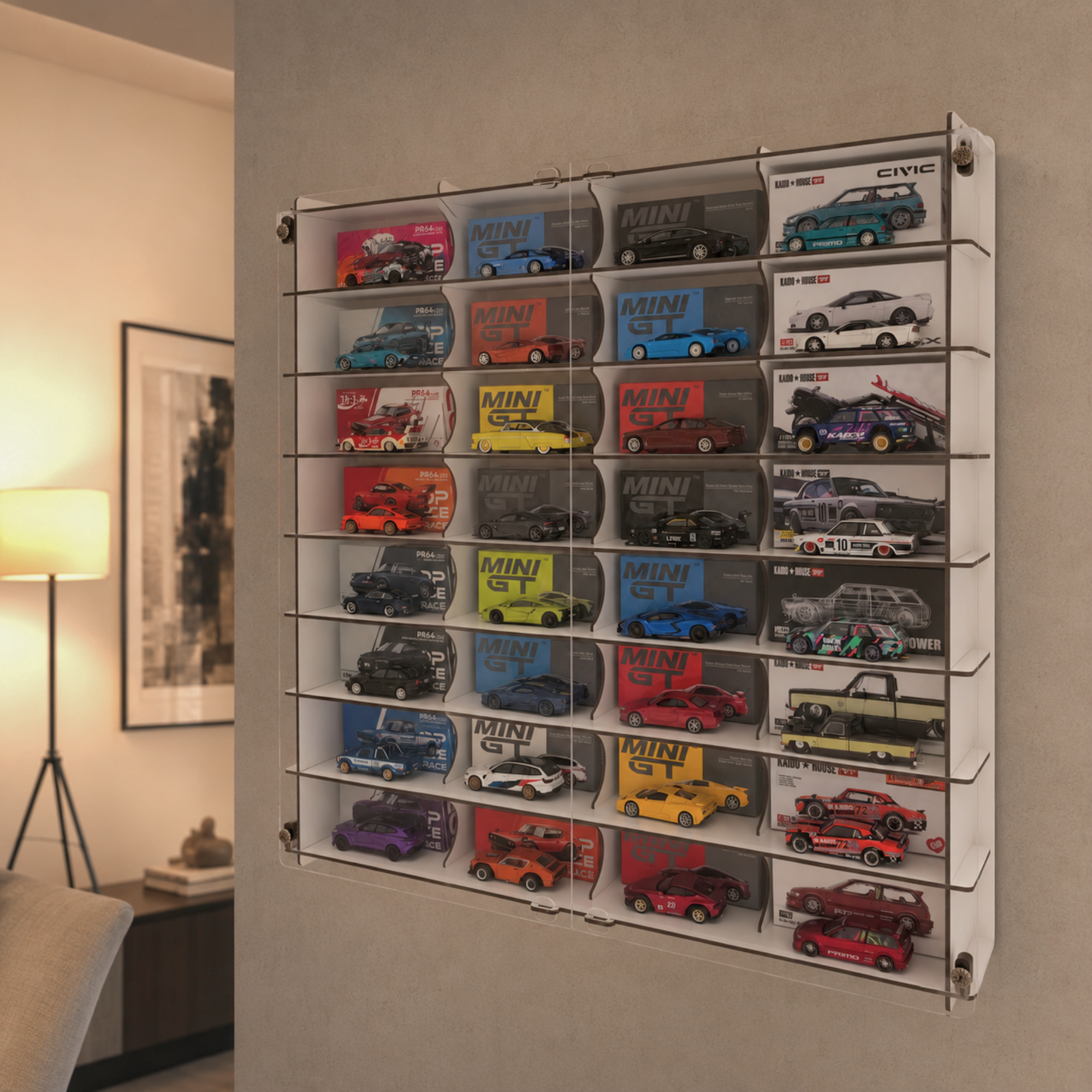 MiniGT Kaido House Pop Race Compatible Car Display Shelf, Acrylic Display Case, 32 Slot Wall Mounted Dustproof Showcase