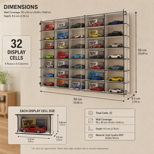 MiniGT Kaido House Pop Race Compatible Car Display Shelf, Acrylic Display Case, 32 Slot Wall Mounted Dustproof Showcase