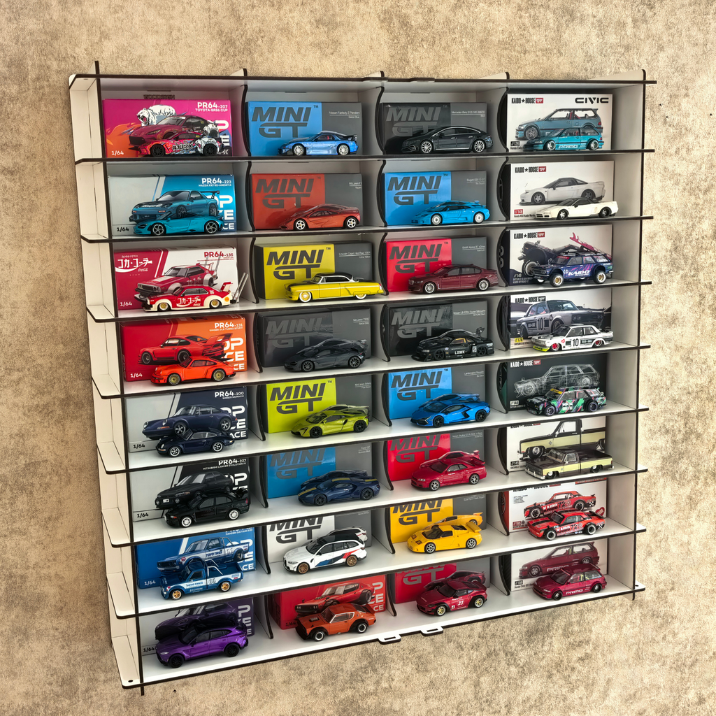 MiniGT Kaido House Pop Race Compatible Car Display Shelf, Acrylic Display Case, 32 Slot Wall Mounted Dustproof Showcase