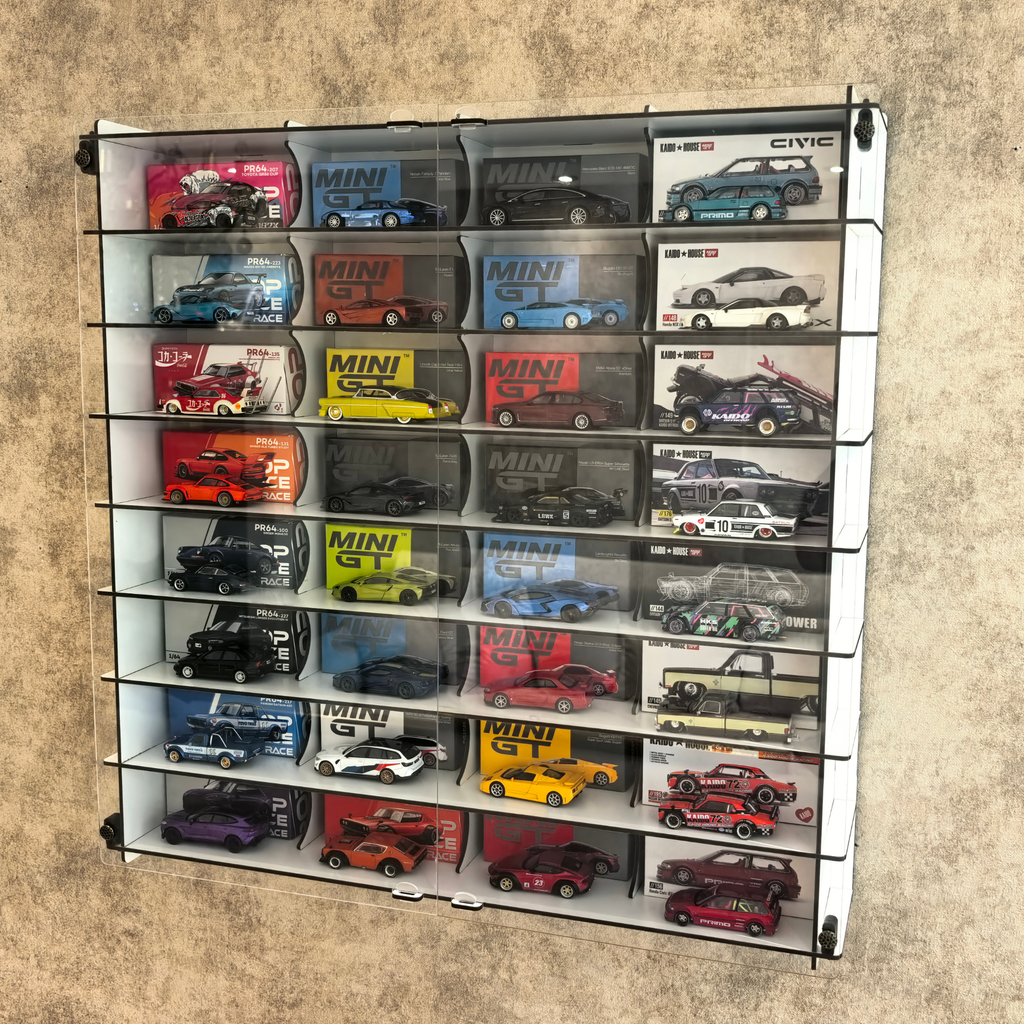 MiniGT Kaido House Pop Race Compatible Car Display Shelf, Acrylic Display Case, 32 Slot Wall Mounted Dustproof Showcase