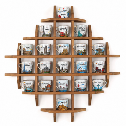 Solid Wood Mug Display Shelf, Travel Mug Collection Rack, Wall Mounted Coffee Mug Organizer, Memory Cup Display
