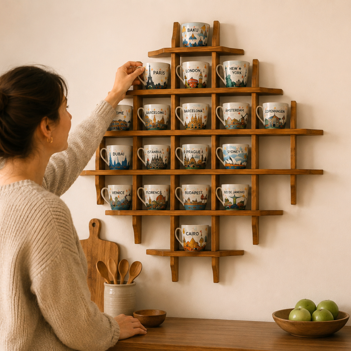 Solid Wood Mug Display Shelf, Travel Mug Collection Rack, Wall Mounted Coffee Mug Organizer, Memory Cup Display
