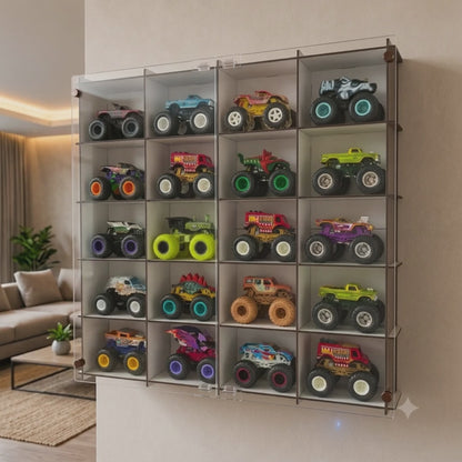 Monster Truck Display Case, Monster Truck Display Shelf, Acrylic Door 20 Car Wall Mounted Wooden Display Cabinet